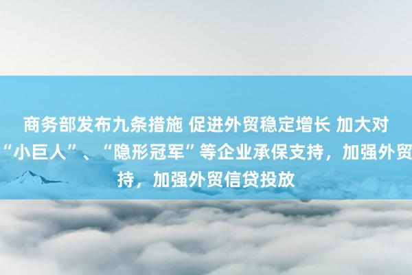 商务部发布九条措施 促进外贸稳定增长 加大对专精特新“小巨人”、“隐形冠军”等企业承保支持，加强外贸信贷投放